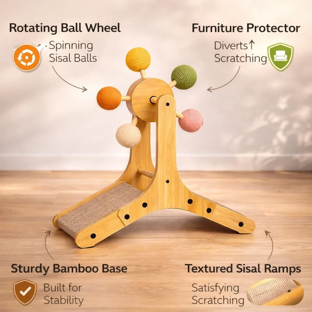 Sisal cat scratching post with rotating toy balls