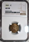 NGC AU-58 1863 Indian Head Cent, Richly Hued & Razor-Sharp.