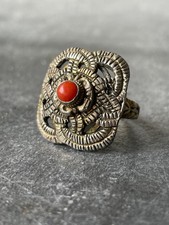 Lovely Old Coral Sliver Tone Tibetan Flair Ring Ornate Vintage Estate Quality