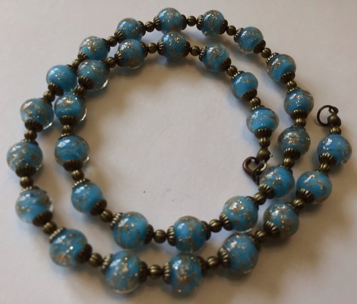 VTG MURANO VENETIAN TURQUOISE BLUE SOMMERSO AVENTURINE GLASS BEAD NECKLACE M21