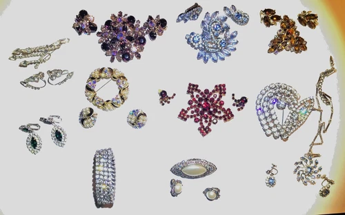 Vintage Costume Rhinestone-Jewelry 7 Brooch sets, Bracelet, Necklace, Earings