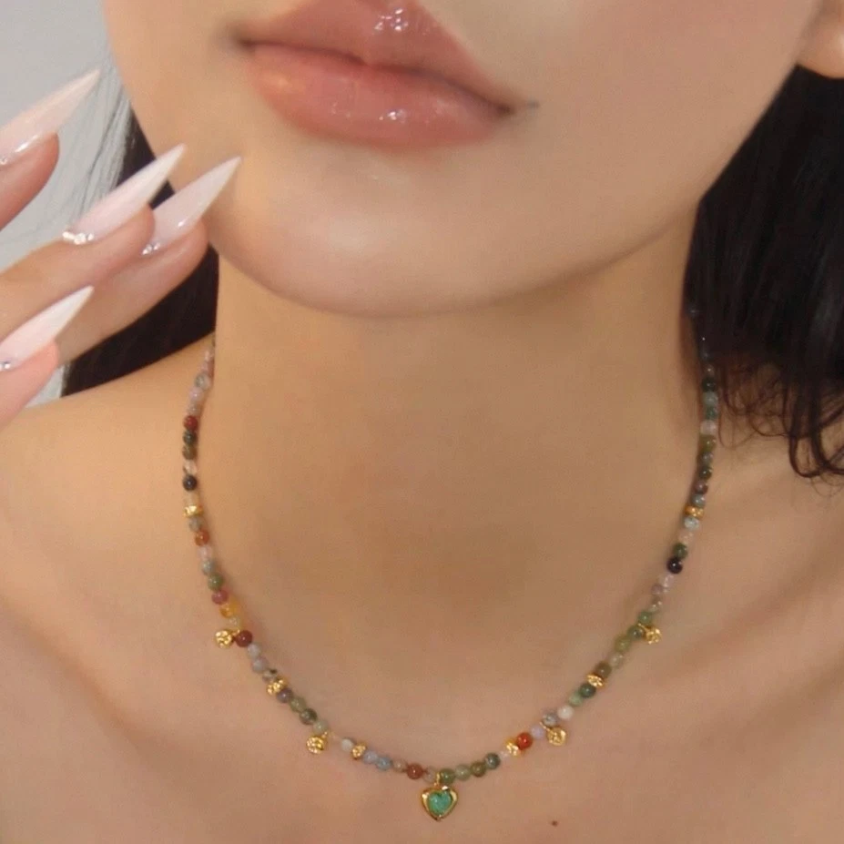 Collar Vintage Piedra Natural Ágata Cuentas - Gargantilla Colgante Corazón Dorado Retro Foto 4 de 4