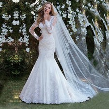 Long sleeves Back Mermaid Wedding Dress Lace Appliques V neck Elegant Bride Gown