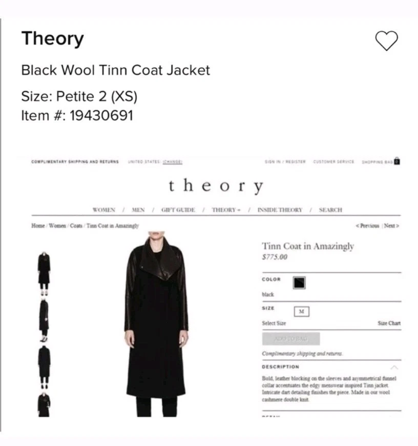 Theory "Tinn" Long Coat Women XS Goat Leather Wool Cashmere Bib Lapel Asymmetric - Image 2 of 4