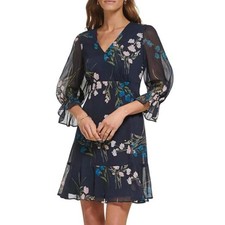 DKNY Navy Blue Babydoll Mini Dress Small Balloon sleeves Fairy Cocktail Floral