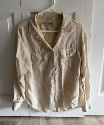 JH Collectibles Women's 6P Petite 100% Silk Twill Button-Up Shirt Beige Pockets
