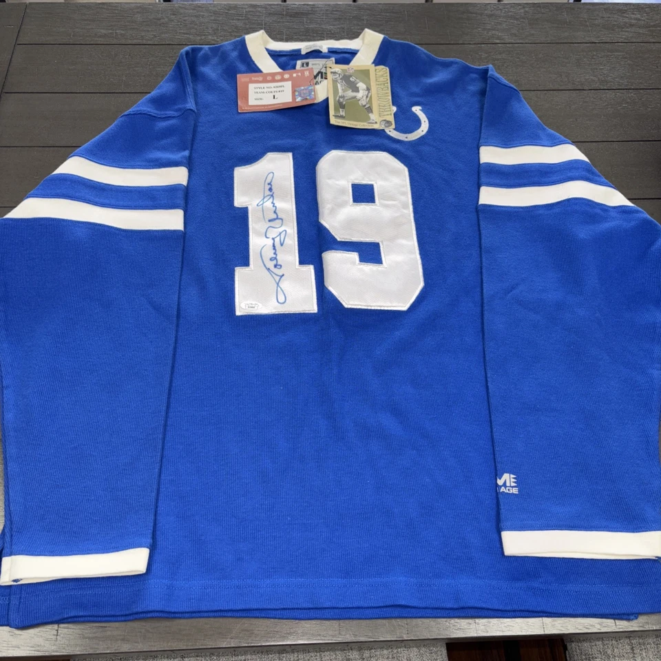 Camiseta deportiva retro Johnny Unitas #19 firmada 1970 vintage manga larga JSA LOA Foto 2 de 4