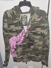 O'NEILL CAMO HOODIE SWEATSHIRT -ZIP UP -SIZE S -PINK BIRD GRAPHIC
