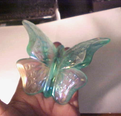 3 1/4" Fenton Green Iridescent  Color Art Glass Butterfly Figurine w/ Sticker