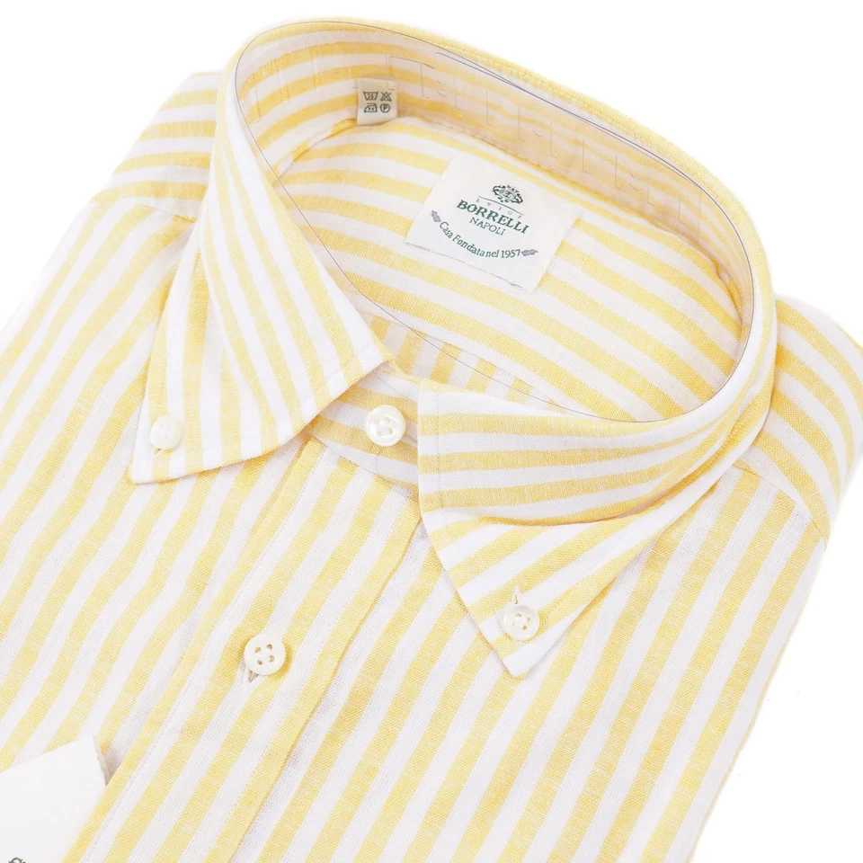 Camisa de vestir Luigi Borrelli ajustada amarilla a rayas lino-algodón 15,75 (UE 40) NUEVA CON ETIQUETAS Foto 4 de 4