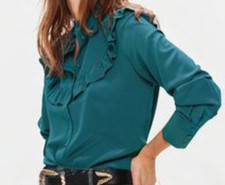 Chemise Promod 100%Soie Bleu Canard Petits Volants S/Poitrine T.M NEUVE+ETQ