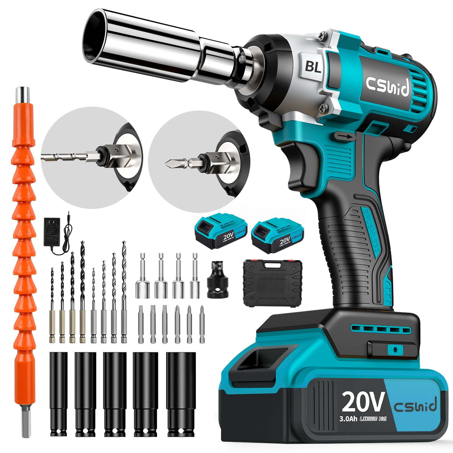 20v Taladro Pistola De Impacto 1/2 Con 2 Baterias Inalambrico Llave En Oferta