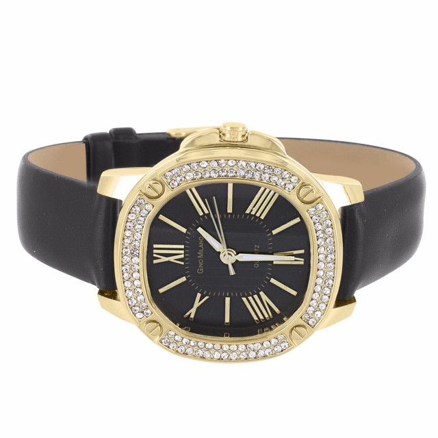 Gold Black Leather Watch Women Roman Numeral Simulated Diamond Screw