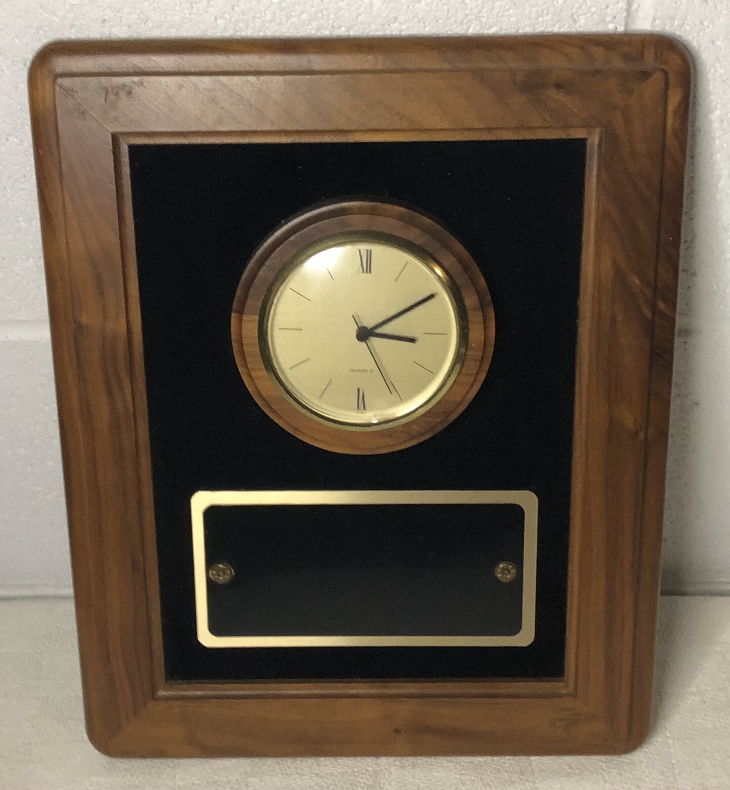 Vintage MCM Wall Clock Plaque Wood Frame Black Velvet Japan Quartz Sleek Design