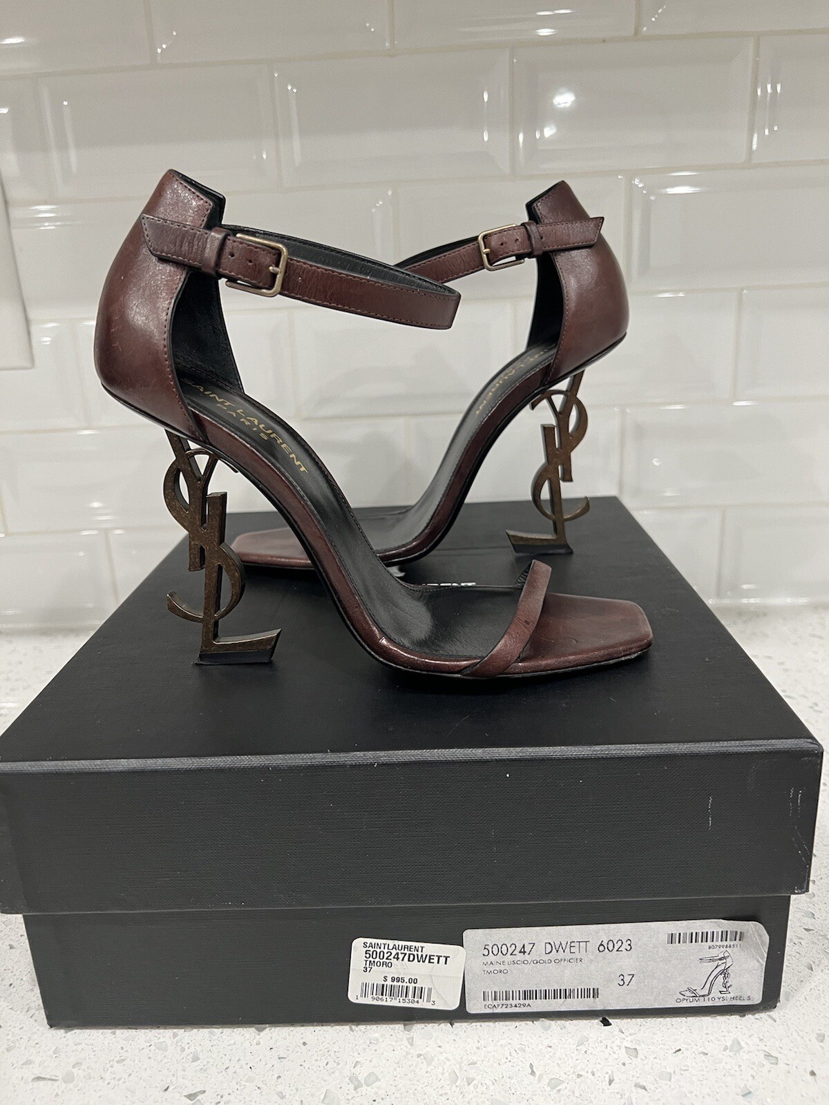 SAINT LAURENT SANDALI YSL MARRONE OPYUM TACCO IN PELLE TAGLIA (37)