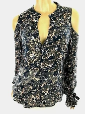 Derek Lam 10 Crosby Size 2 Cold-Shoulder Blouse Top Sheer Black/Pink Silk Blend