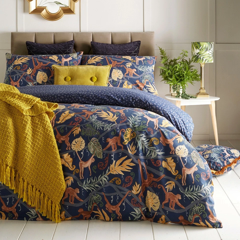 Double Dark Blue Monkey Forest Reversible Duvet Cover Set By Furn. Polycotton
