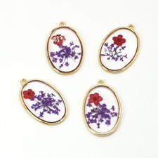 Clearance 8PCS Gold Tone Real Dried Daffodil Flower Resin Oval Pendant GBY04-2