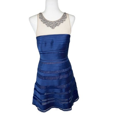 BCBG Max Azria Morgane Embellished Yoke Dress Women 8 Blue Depth Mini