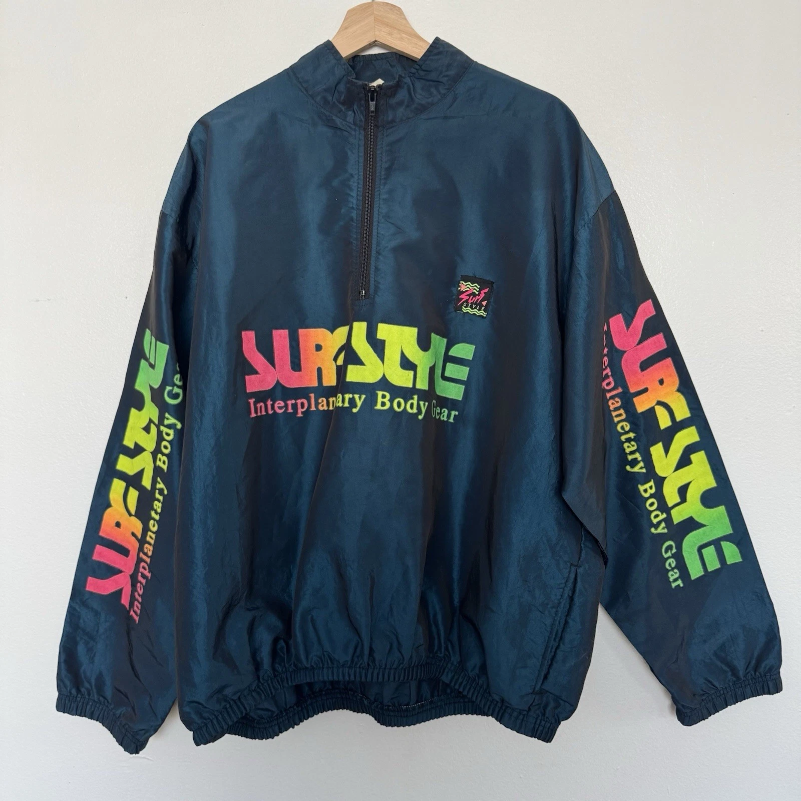 Vintage 90s Surf Style Windbreaker Jacket OS Iridescent 1/4 Zip Beach Pullover