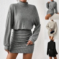 Women's Pullover Long Sleeved Lantern Sleeve Knitted Mini Jumpsuit Short Skirt