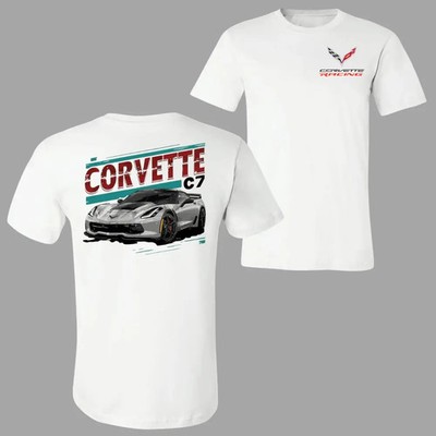 Corvette C7 T-Shirt, Classic Sports Car Graphic Tee 2 Sides with Corvette Logo