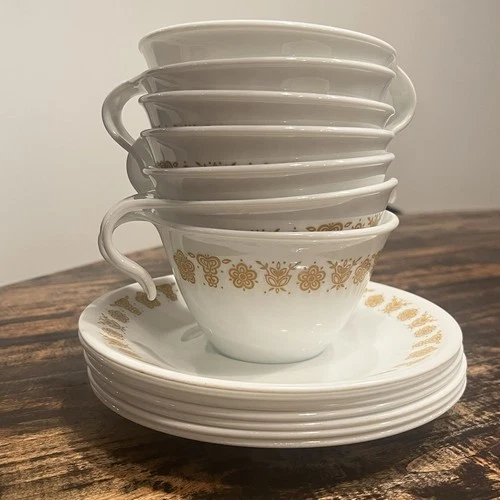 Set Of 7 Vintage Corning Ware Corelle Butterfly Gold Coffee Tea Cups & Saucers