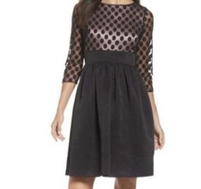 Eliza J fit & flare dress size 6 sheer polka dot mesh yoke 3/4 sleeve knee