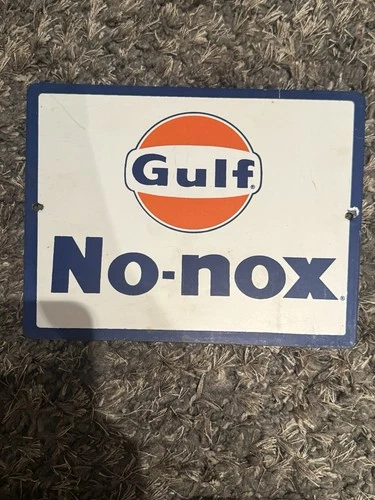 Gulf No Nox porcelain sign advertising pump plate gas oil gasoline Vintage