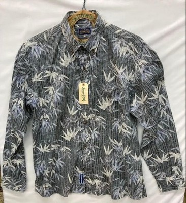 Sugar Cane Bamboo Pattern Long Sleeve Button Down Shirt M Size Cotton #396
