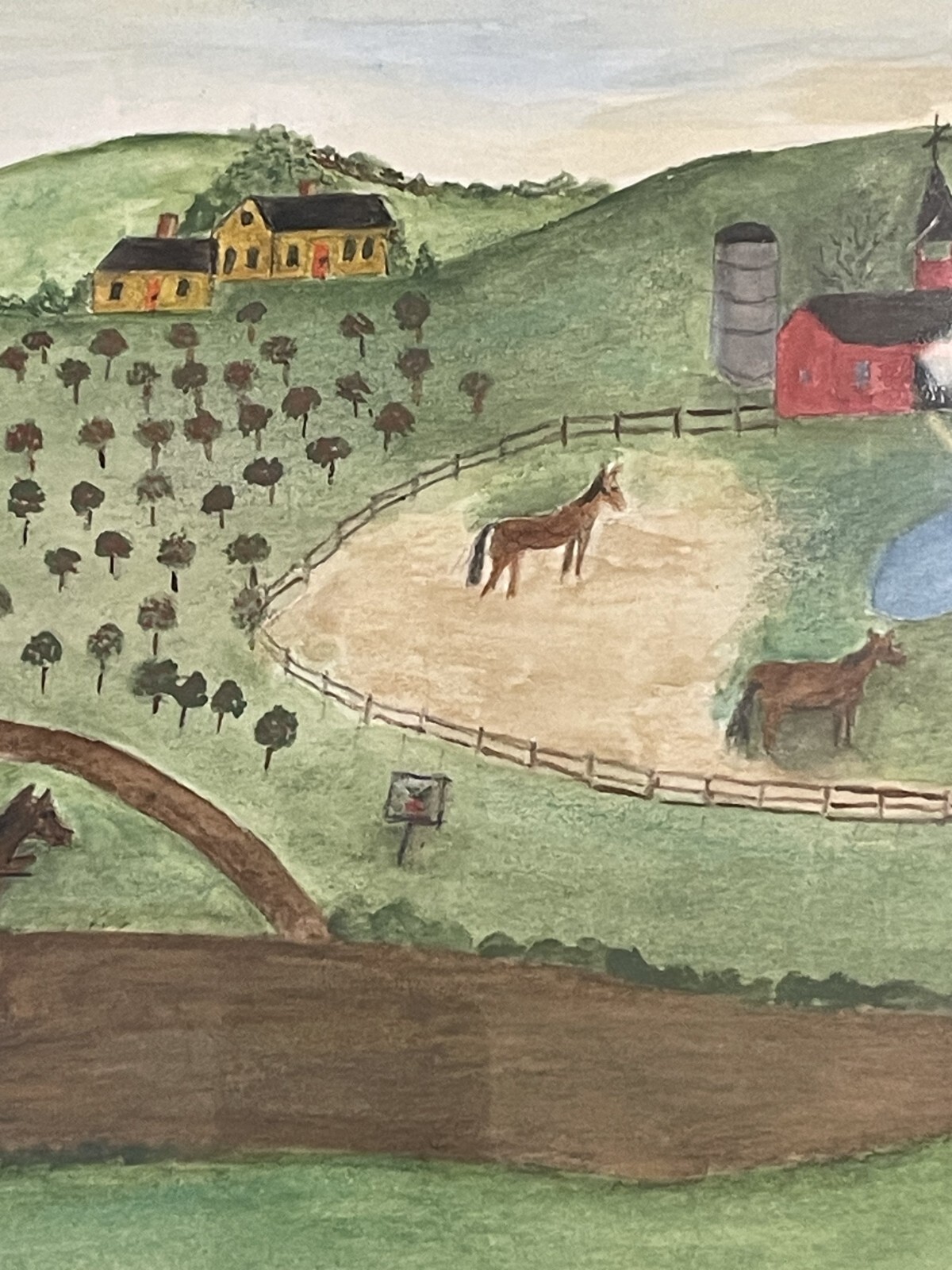 Evelyn S Dubiel (1922-2019), Original Folk Art Painting,Bucolic Naïve Style Farm