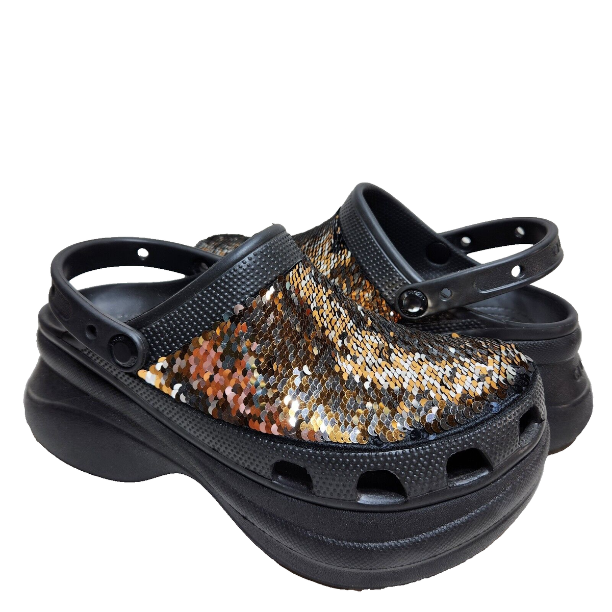 CROCS Classic Bae Silver Gold Sequin Platform Clog Sz Black Multi