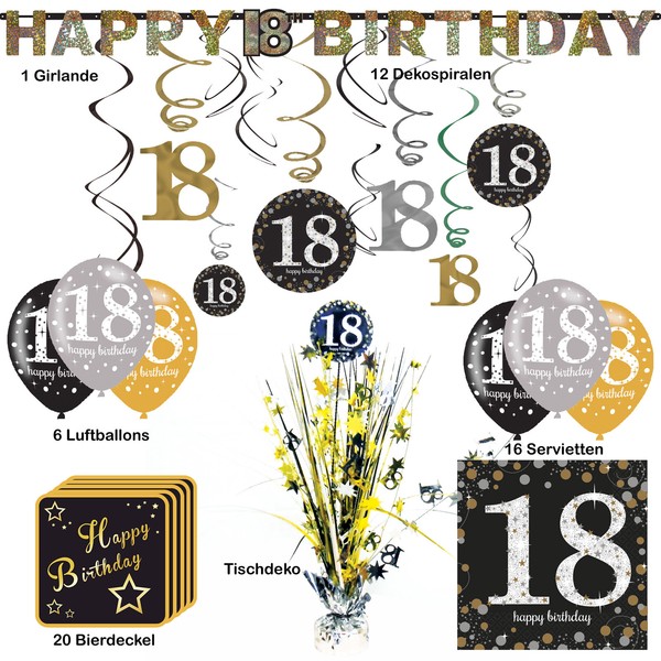 Partyset Zum 18. Geburtstag 59Tlg. Dekopaket Dekoration PartyzubehöR Gold Deko-image