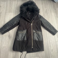 Ladies Size 18 River Island Black Wax Coated Parka Longline Jacket Coat Fur Vgc