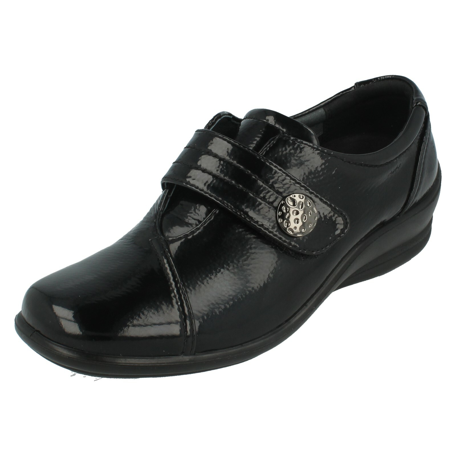 Flache Damenschuhe Padders schwarz Lack Klettverschluss Riemen SIMONE E/EE Passform