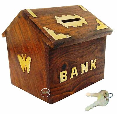Handmade Wooden Beautiful Red Hut Shape Piggy Bank with Key Lock for Kids Money 