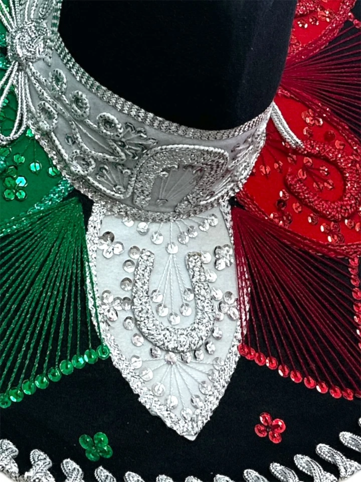 CHAPÉU MARIACHI MEXICANO, CHARRO, SOMBRERO, FANTASIA, 22" TAMANHO ÚNICO, TRICOLOR - Imagem 3 de 4
