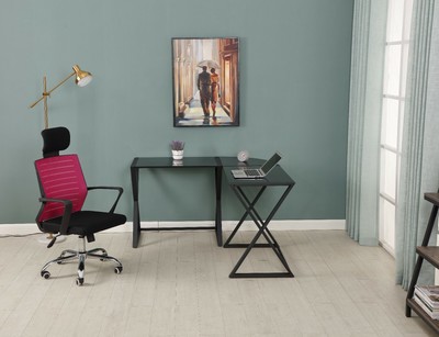 L-Shaped hourglass-Style Computer Desk (Black+Black Glass)