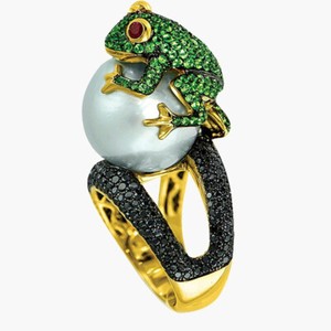 Authentic 18k Yellow Gold Plated Rings Frog Shaped Women Jewelry White Pear Ring Size 6-10