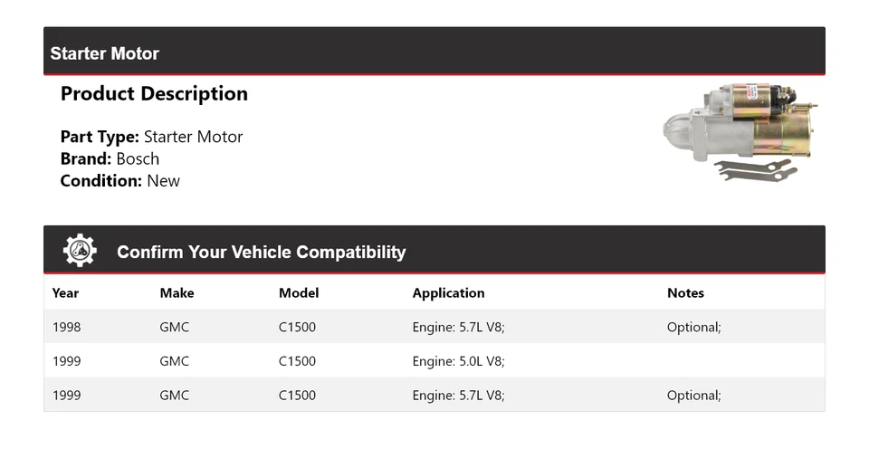 Para 1998-1999 GMC C1500 Bosch Starter (Novo) - Imagem 2 de 4