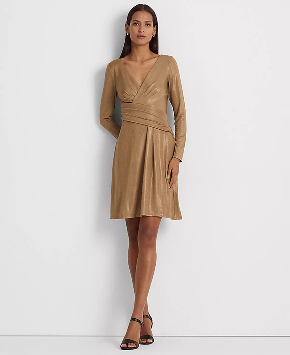 NEW LAUREN RALPH LAUREN GOLD FIT AND FLARE PLEATED SHIMMER DRESS