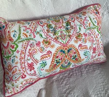 24” X 13” Cotton Pink Paisley Embroidered Cotton Pillow, Duck Feathers Insert