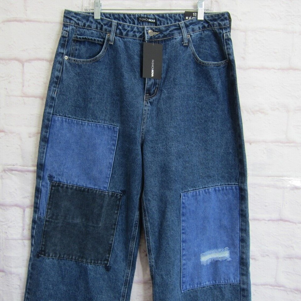 Fashion Nova Wide Leg Ankle Jeans Caught In A Daydream Patchwork Dark