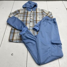 Blue Plaid Hooded Long Sleeve Button Up Joggers Outfit Set Youth Boys 13-14