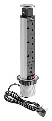 Pull Pop Up Socket Power Strip Tower UK Plug 2 USB Kitchen Office Desk Extension
