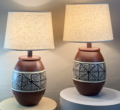 Pair Vintage Mid Century Modern Tribal Brutalist Circa 1970s Maze Pot Lamps