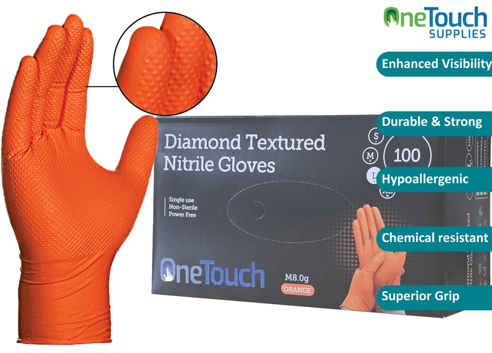 1000 Orange Black Diamond Nitrile Disposable Gloves Strong Heavy Duty Mechanic - Image 2 of 4