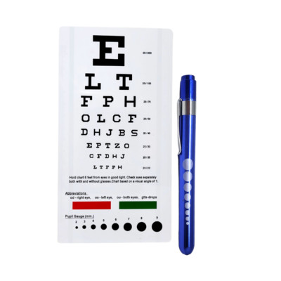 2 Pc Diagnostic Eye Exam Kit Medical Penlight + Snellen Chart w/ Red Green Lines