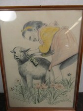 Kohlezeichnung Coloriert Antik Stil Signiert Lamm Mädchen Zeichnung Gemälde 4a3