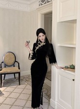 Black Velvet Chinese Qipao Dress with Gold Lace Trim & Mandarin Collar Cheongsam